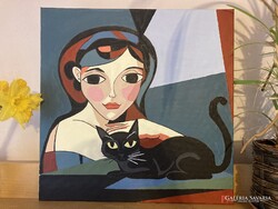 Nő fekete macskával - akril festmény