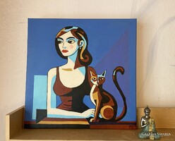 Nő macskával - akril festmény