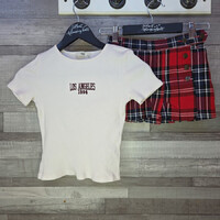 C&A feliratos póló és We kockás rakott miniszoknya lány szett, 128-146