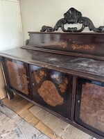 Antik 220 cm osztrák faragott intarziás tálaló szekrény