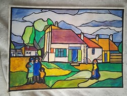 Kortárs Ólomüveg festmény -  Taban Anno I. - 2010 - 50 cm x 70 cm - gouache, papir