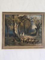 Antik tàjkép Erdő részlet legelő bàrànyok  Juhász téma. B. Bélavàry István festmény