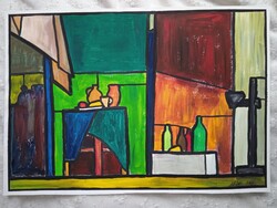 Kortárs Ólomüveg festmény -  Csendélet - 2009 - 50 cm x 70 cm - gouache, papir