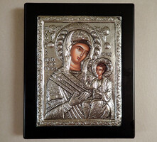 950-es finomságú jelzett tiszta ezüst görög ortodox vallási egyházi kép ikon oklád Szűz Mária Jézus