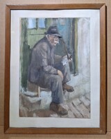 Elgondolkodva - Pipázó bácsi, az ajtóban üldögélve (tempera festmény)