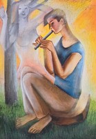 1 FT-RÓL! Art deco jelenet: Akt, furulyázó fiúval - kiváló színek! szignózott - nincs minimálár!