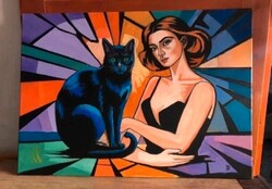 Woman with a black cat - akril festmény