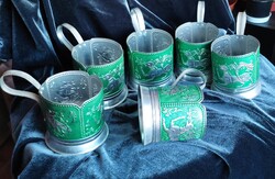 Antik szovjet pohártartó tartó podstakannik (6 darab) dombornyomott mintás készlet