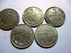 Orosz ország: 5 db ezüst 10 kopejka  VF/XF Kép szerint