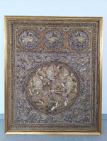 Antik buddhista ázsiai nagy domborított hímzett flitteres gyöngyös kép elefánt Burma keretben 899
