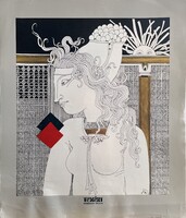 TEXÉRT vállalat naptári kép / nyomat Szász Endre grafikájával /  hölgy nap motívummal portré V.