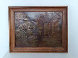 Antique embossed copper wall art of a drunken monk in a brewery scene 903 6463