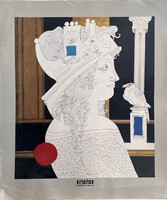 TEXÉRT vállalat naptári kép / nyomat Szász Endre grafikájával / színes hölgy hollóval portré IV.