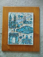 Retro ceramic wall picture with glass paste and metal inserts
