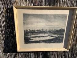 Fehér Ilona (1913-1983): Csongrád környéki táj. Rézkarc, papír, jelzett.