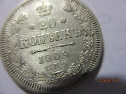 Orosz ország:  ezüst 20 kopejka 1909  XF  RR Kép szerint