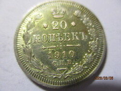 Orosz ország:  ezüst 20 kopejka 1910  XF  RR Kép szerint