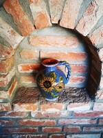 Antik kerámia kiöntő, gyönyörű kék színben sárga napraforgós kerámia kancsó, jelzett