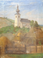 Szepesi Kuszka Jenő: Városkép templommal (olaj, vászon, 30x23 cm) szignózott