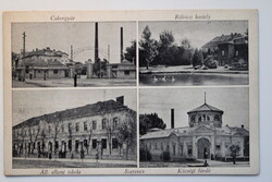 Képeslap, Szerencs részletek, 1941 Cukorgyár,Áll. elemi iskola, fűrdő, kastély