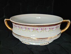 Antik aranyozott szecessziós ovális kétfüles porcelán levesestál kedves ibolya mintás