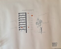 Déry Enikő építészeti diploma munka tusrajz sorozat Budapest Kékgolyó utca 1. homlokzat 1956.