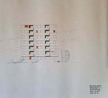Déry Enikő építészeti diploma munka tusrajz sorozat Budapest Kékgolyó utca 1. homlokzat 1956.