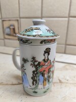 Porcelán pohár fedővel szűrővel eladó! Keleti mintás porcelán pohár