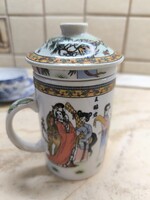 Porcelán pohár fedővel szűrővel eladó! Keleti mintás porcelán pohár