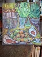 JÁK PÉTER 2025 o/v 49X54 cm "GYERTYÁS CSENDÉLET CSIGÁKKAL"