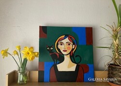 Nő macskával -  festmény