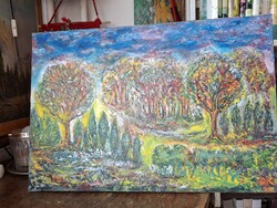 JÁK PÉTER 2025 o/v 55X35 cm "KERTEN TŐL..CSERERDŐ"