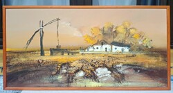 R. Tóth Rozália: Tanya - egyedi, vastagon festett olajfestmény! keretezett, Alföld, gémes kút