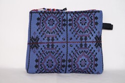 Blue, black hand-embroidered vanity case, cross-stitch floral cosmetic bag, zippered holder