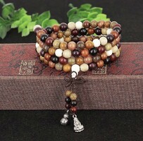 Mala, 108 fából készült meditációs gyöngy karkötő, többszínű, 33 cm hosszú, retro buddha ékszer