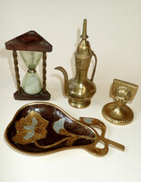 Régi retró réz tárgyak csomag kiöntő kancsó tűzzománcos tál hamutál hamutartó homokóra totem szobor