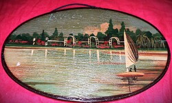 Gyönyörű antik olaj technika festmény BALATON fali tájkép farönkön 21x13 cm a képek szerint
