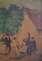 AKCIÓ! Kiváló kvalitású régi falusi életkép, szignózott olajfestmény