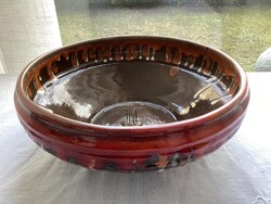 Ikebana tál vöröses árnyalatú csurgatott mázas