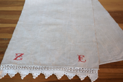 Antik régi len vászon dísztörölköző törölköző törlő kézi hímzett népi horgolt csipkés 122 x 36