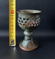 Áttört mintás csorgatott mázas kerámia mécsestartó kehely