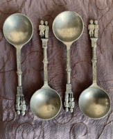 Vintage Dutch unique round tin wedding spoons with wedding figurines
