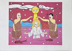 DrMáriás - Orbán és Áder megkereszteli Ferenc pápát 30 x 42 cm computer print, merített papír