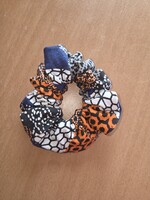 Narancs-kék mintás pamut hajfodor, hajgumi, kézműves