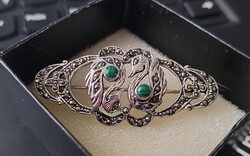 Régi ezüst bross / malachit, markazit