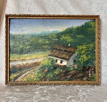 Magyar vidék tájkép parasztház jelzett olaj karton festmény