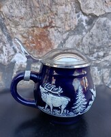 Vintage kobaltkék kerámia söröskorsó - Vadász jelenettel, ónfedéllel - Western Germany