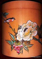 Gyönyörű KELETI lakkfa kézzel festett MADÁR ÉS VIRÁG fedeles kör dísz doboz 15 x 11 cm képek szerint