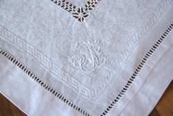 Régi Antik Art Deco damaszt szalvéta azsút monogram garnitúra szett törlő 6 db 39 x 39