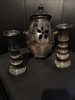 Nádudvari fekete kerámia háromrészes együttes, Fazekas István, áttört fedeles edénnyel és két talpas